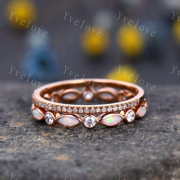 Full eternity Opal diamond wedding ring set 14k rose gold half eternity diamond wedding band  October Birthstone stacking matching band