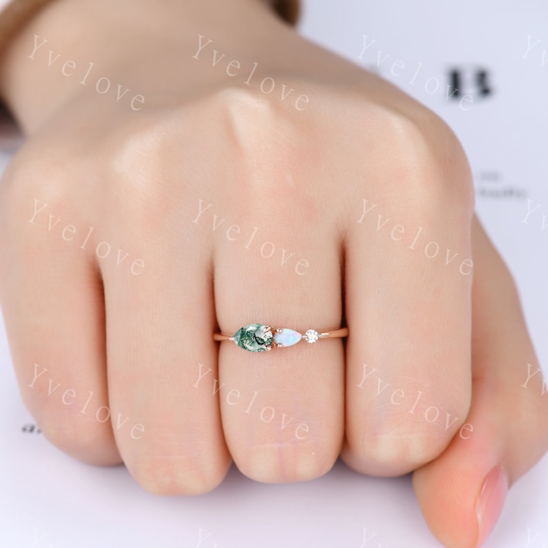 Unique Moss Agate Opal Engagement Ring,Pear Cut Gems,Art Deco Moissanite Wedding Band,3 Stone Unique Women Bridal Promise Ring,Customized image 6