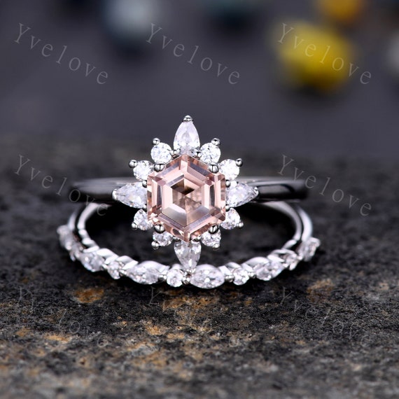 Art Deco Morganite Engagement Ring Set hexagon Morganite Ring