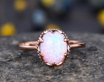 10x8mm Oval White Opal Engagement Ring Prong Set Opal Ring Solid 10K/14K/18K Rose Gold Anniversary Promise Ring Bridal Ring Christmas Gift