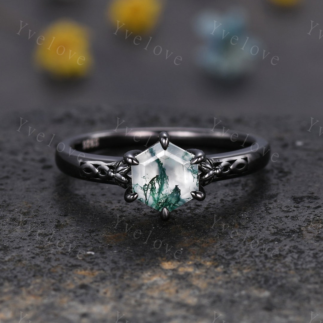 Hexagon Shaped Moss Agate Engagement Ring 925 Black Silver Vintage Moss ...