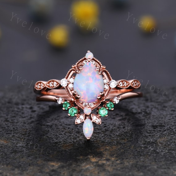 Vintage White Opal Engagement Ring Setpear Shape Opal Bridal Etsy