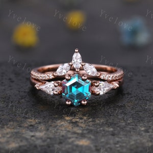 Vintage Hexagon Alexandrite Engagement Ring Set Rose Gold Women Moissanite  Matching Band Promise Bridal Stacking Ring Set Gift for her