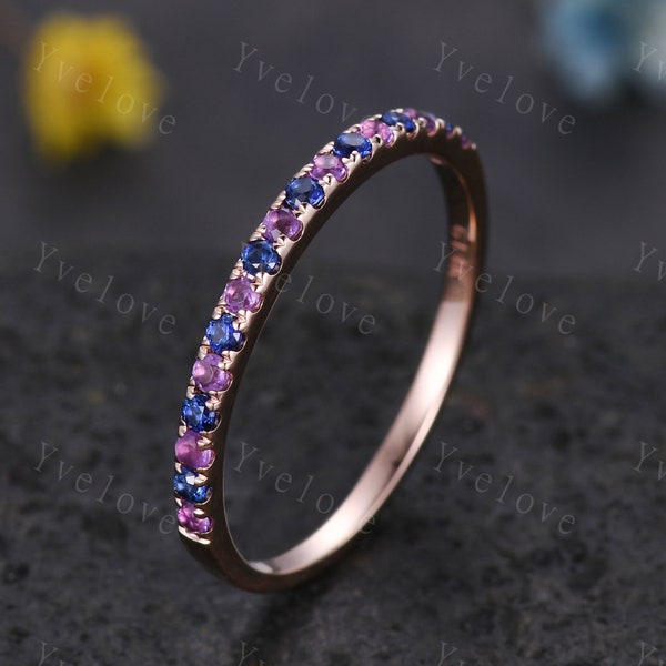 Amethyst sapphire band art deco sapphire ring 14k rose gold amethyst stacking matching band February birthstone promise bridal ring custom