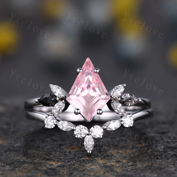 Vintage Kite Cut Pink Sapphire Engagement Ring Set,Unique Bridal Ring Set,Marquise Black Rutilated Quartz,White Gold Galaxy Anniversary Ring