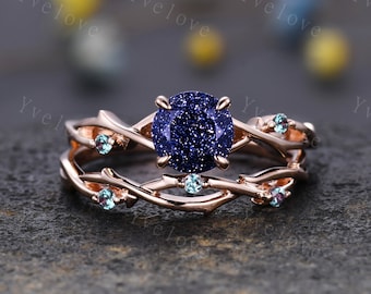 Twig Blue Sandstone Alexandrite Engagement Ring,Sandstone engagement ring set,Galaxy vintage unique promise ring set gift for women,silver