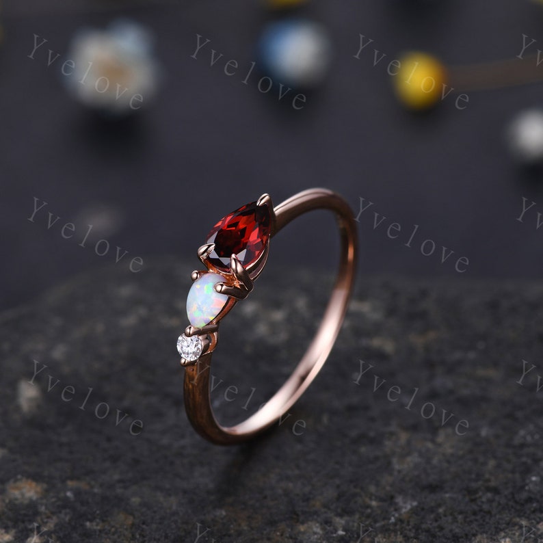 Vintage Red Garnet Opal Engagement Ring,Pear Cut Gems,Art Deco Moissanite Wedding Band,3 Stone Unique Women Bridal Promise Ring,Custom Ring image 2