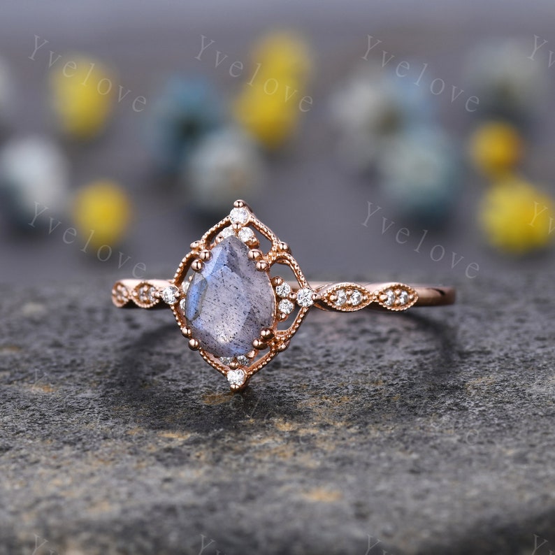 Vintage Labradorite Engagement Ring,Pear Shape Labradorite Ring,14K Solid Gold Ring,Unique Women Moissanite Promise Ring For Her,Handmade image 3