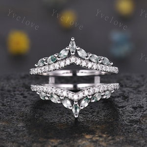 Unique Moss Agate ring,Moss Agate wedding band,Marquise Moss agate enhancer ring,Curved V stacking matching band,Moissanite ring,Silver Ring