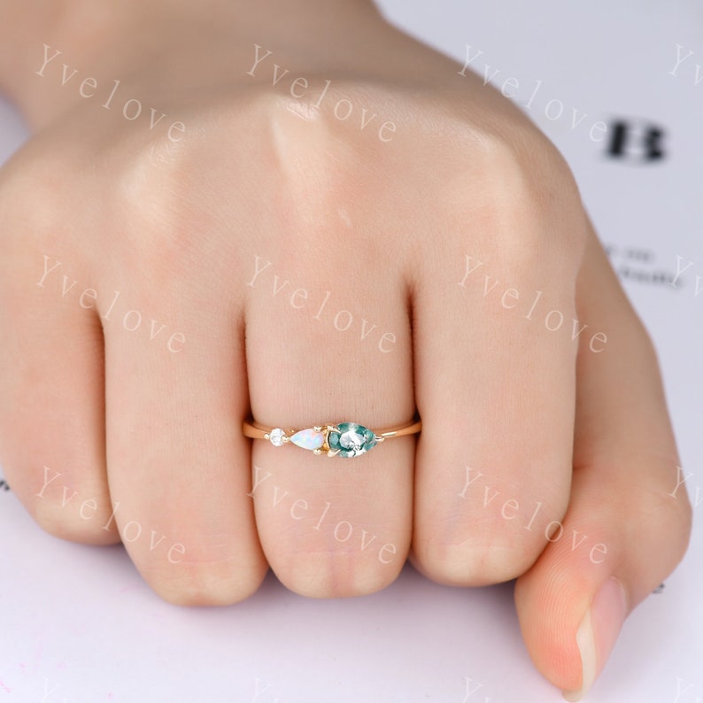 Unique Moss Agate Opal Engagement Ring,Pear Cut Gems,Art Deco Moissanite Wedding Band,3 Stone Unique Women Bridal Promise Ring,Customized image 9
