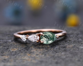 Vintage Moss Agate Ring Engagement Ring,Pear Cut Gems,Art Deco Moissanite Wedding Band,3 Stone Unique Women Bridal Promise Ring,Rose gold