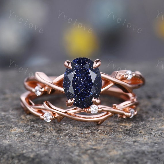 Twig Sandstone Engagement Ring Set oval Vintage Leaf Diamond Ring branch Ring Rose Gold twisted Ring Promise Bridal Set dainty Ring Set Etsy