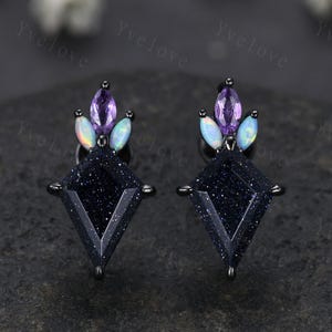 Art deco kite cut blue sandstone earrings starry night sandstone jewelry opal amethyst stud earrings women earring anniversary gift for her