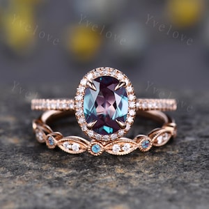 2PC Vintage Oval Cut Alexandrite Engagement Ring Set Halo Moissanite Ring Set Art Deco Bridal Wedding Ring Set Rose Gold Ring Set For Women