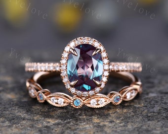 2PC Vintage Oval Cut Alexandrite Engagement Ring Set Halo Moissanite Ring Set Art Deco Bridal Wedding Ring Set Rose Gold Ring Set For Women