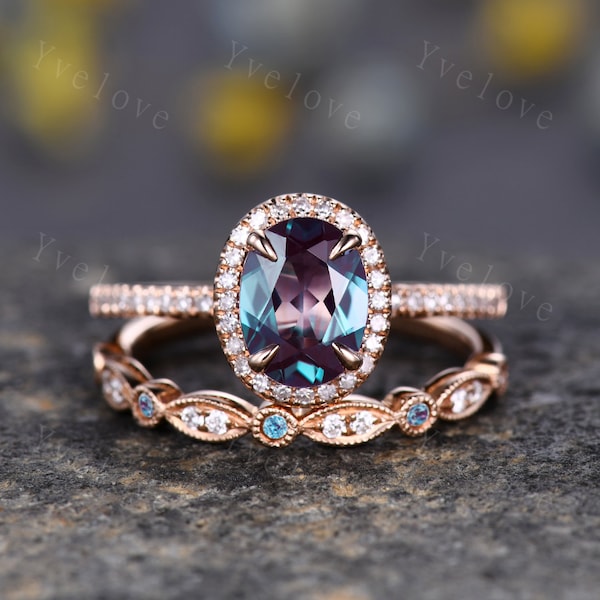 2PC Vintage Oval Cut Alexandrite Engagement Ring Set Halo Moissanite Ring Set Art Deco Bridal Wedding Ring Set Rose Gold Ring Set For Women