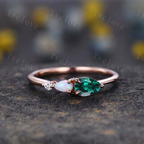 Vintage Emerald Opal Engagement Ring,Pear Cut Gems,Art Deco Moissanite Wedding Band,3 Stone Unique Women Bridal Promise Ring,Customized Gift