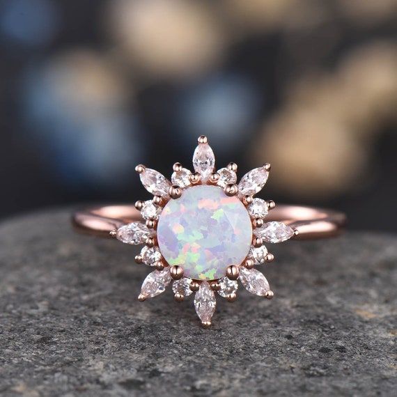 Opal Engagement Ring Rose Gold Diamond Ring Women Antique Flower Diamond Halo Plain Gold Band Promise Bridal Anniversary Jewelry for Her Etsy