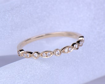 Diamond ring diamond wedding band half eternity ring engagement ring stacking matching band Milgrain set art deco ring solid 14k yellow gold