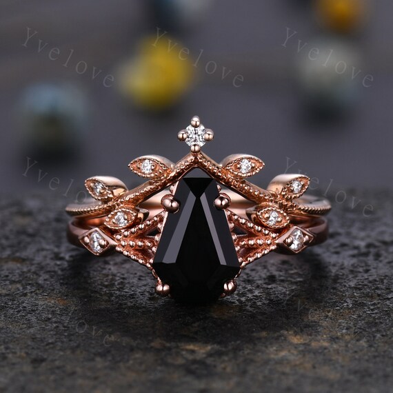 Vintage Coffin Black Onyx Ring Set Diamond Wedding Ring Unique Black Onyx Engagement Ring Women Rose Gold Diamond Matching Band Promise Ring Etsy Canada