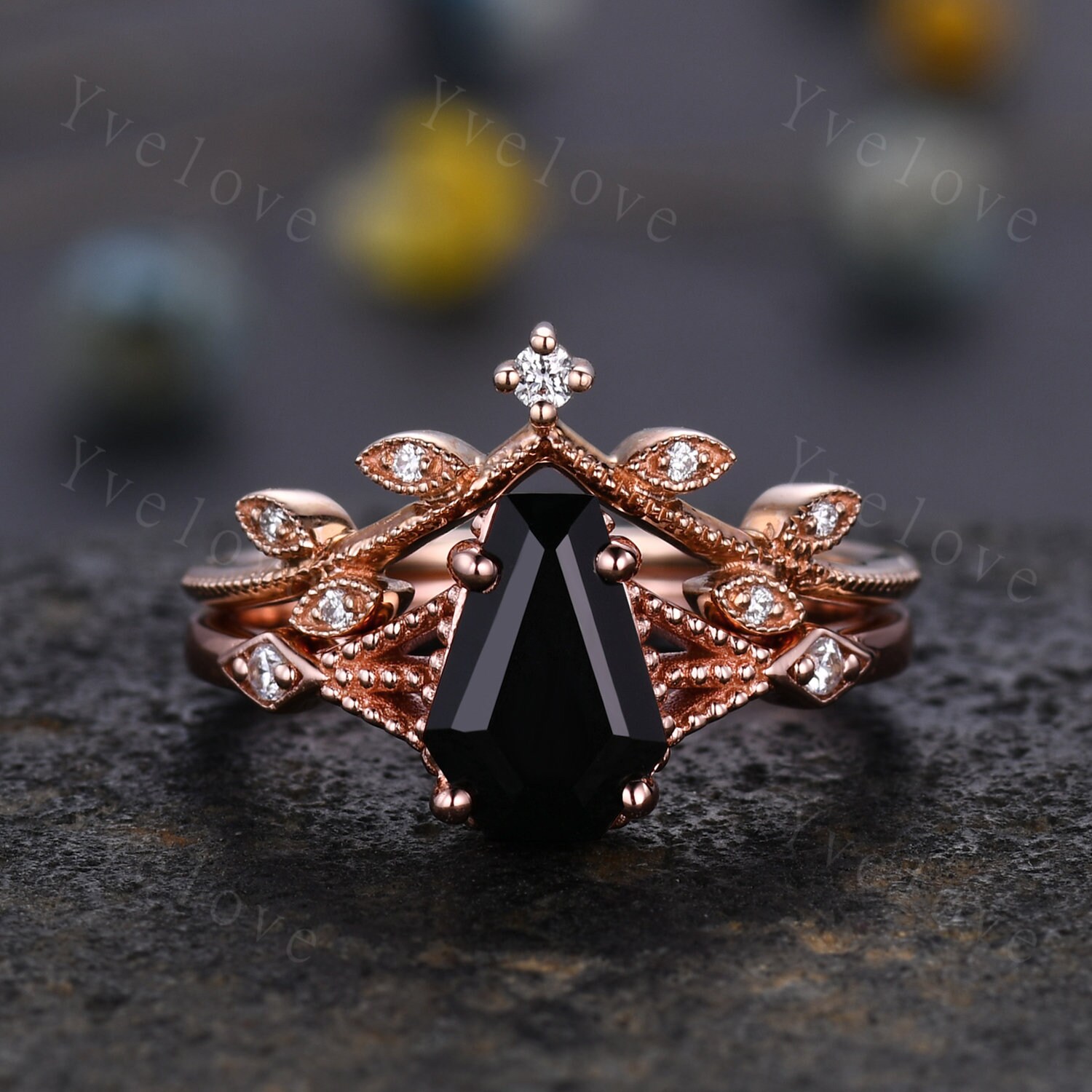 14k Rose Gold Coffin Black Spinel Diamond Wedding Set 9x6mm Coffin Shaped  Onyx Ring Set