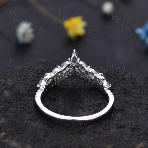 Unique Moss Agate shops Rings for Women,Marquise moss agate Ring,White Gold Green Gems Engagement Ring,Diamond Stacking Wedding Band,Promise Gift