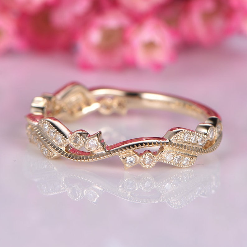 Half eternity floral diamond wedding band 14k yellow gold promise ring natural SI diamonds matching stacking ring anniversary gift