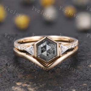 Vintage Hexagon Salt Pepper Diamond Engagement Ring Set,Triangle Moissanite,Solid Gold Bridal Ring,Art Deco Plain Matching Band Promise Gift
