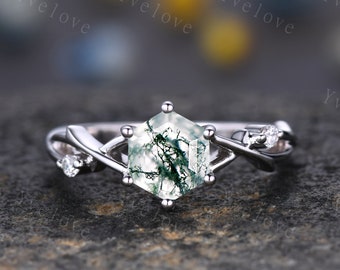 Unique Hexagon cut Moss Agate Engagement Ring,Vintage Branch Twig Diamond Ring,White Gold,Vine Ring,Women Promise Bridal Green Agate Ring