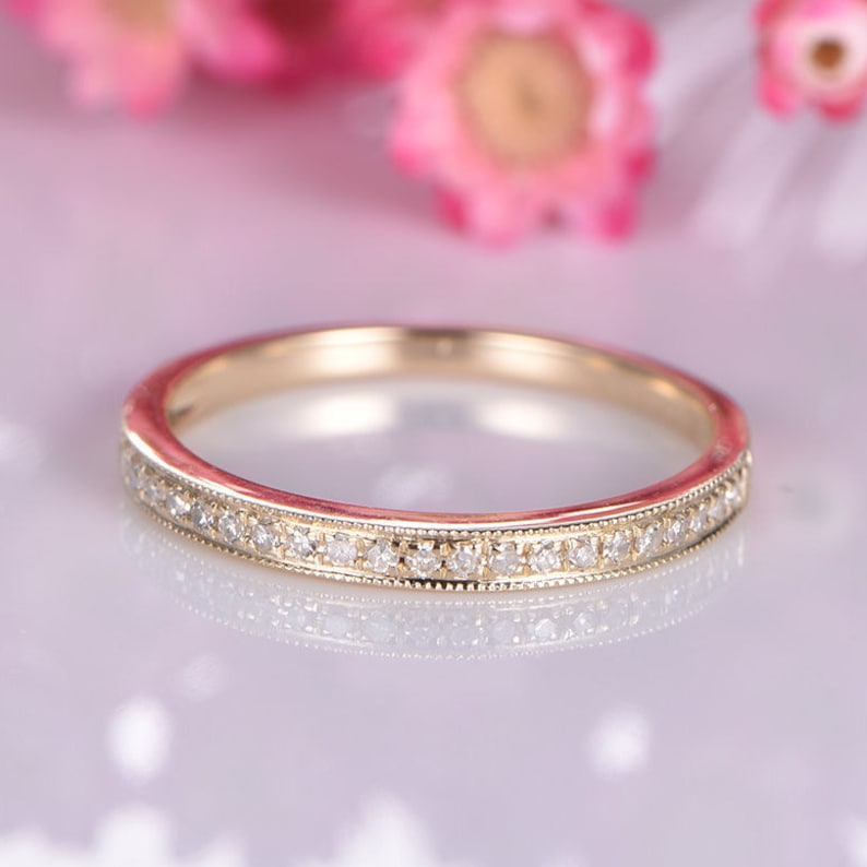14k yellow gold diamond wedding band half eternity stacking matching band milgrain style pave set natural diamond anniversary ring image 1