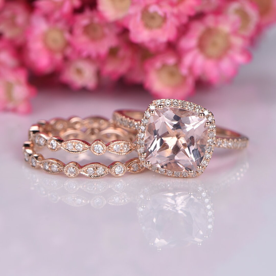 Morganite Wedding Ring Set 14k Rose Gold Morganite Engagement - Etsy