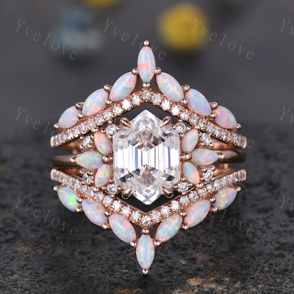 Vintage Hexagon Moissanite Opal engagement ring set,Unique Marquise Opal enhancer band,Rose Gold,Women Bridal Wedding Band,Statement Ring
