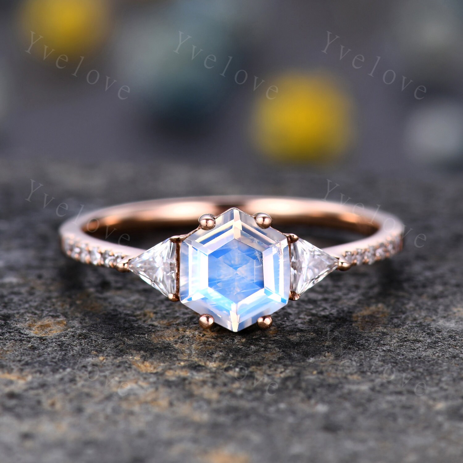 Hexagon Cut Moonstone Engagement Ring,vingate Bridal Ring,925