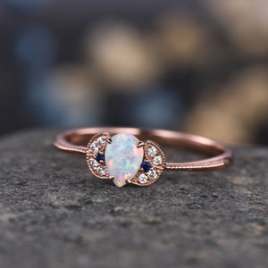 Opal Engagement Ring Set Rose Gold Diamond Blue Sapphire - Etsy