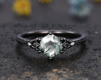 Hexagon Cut Moss Agate Engagement Ring Vintage Black Gold Ring Unique black wedding band,Diamond Ring Anniversary Gift,Celtic Gothic Ring