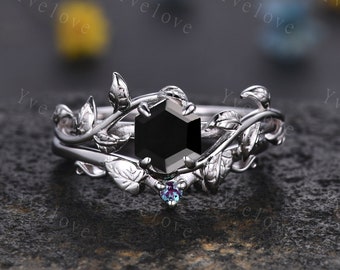 Hexagon Black Onyx Ring Set,Vintage Twig Vine Leaf Ring,Unique Black Onyx Engagement Ring,Alexandrite Ring,Promise Bridal Ring Gift,Silver