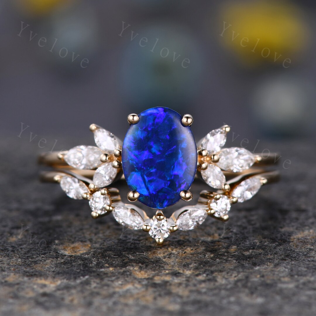 Natural Blue Opal Engagement Ring Set Women Stacking Matching Band Moissanite Eternity Ring