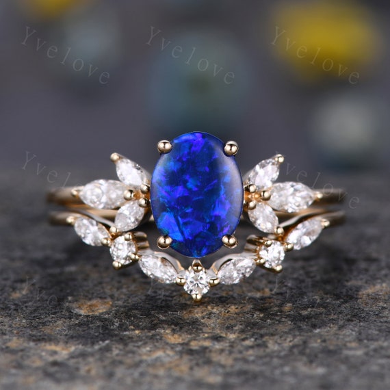 Three Stone Oval Blue Stone Opal Wedding Ring Set 14k Guard Enhancer Ring  Stack