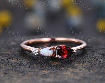Vintage Red Garnet Opal Engagement Ring,Pear Cut Gems,Art Deco Moissanite Wedding Band,3 Stone Unique Women Bridal Promise Ring,Custom Ring