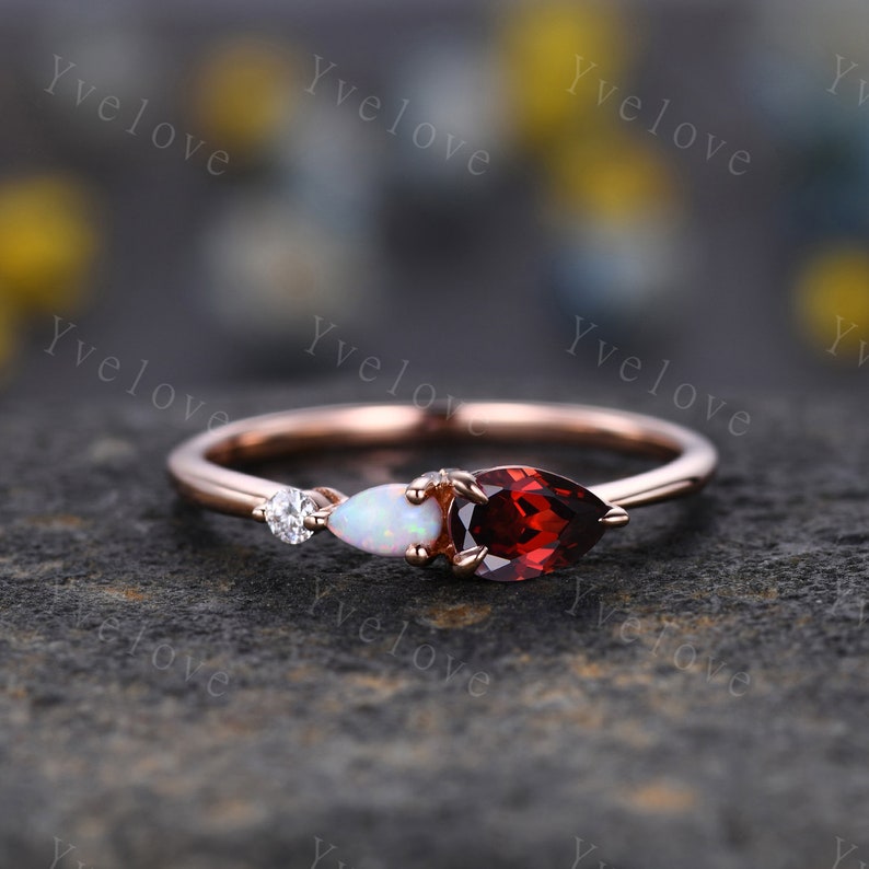 Vintage Red Garnet Opal Engagement Ring,Pear Cut Gems,Art Deco Moissanite Wedding Band,3 Stone Unique Women Bridal Promise Ring,Custom Ring image 1