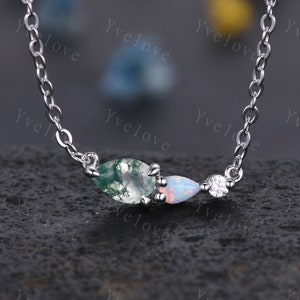 Unique Moss Agate Opal Necklace,Pear Cut Gems,Art Deco Moissanite Diamond Delicate Dainty Necklace,3 Stone Unique Women Bridal Gift,Silver