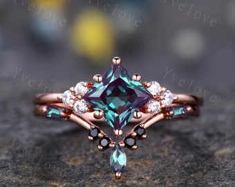 2PCS Vintage Unique Princess Cut Alexandrite Engagement Ring Set,Black Spinel Ring,June birthtone,14k rose gold,Women Unique Ring Set Gift