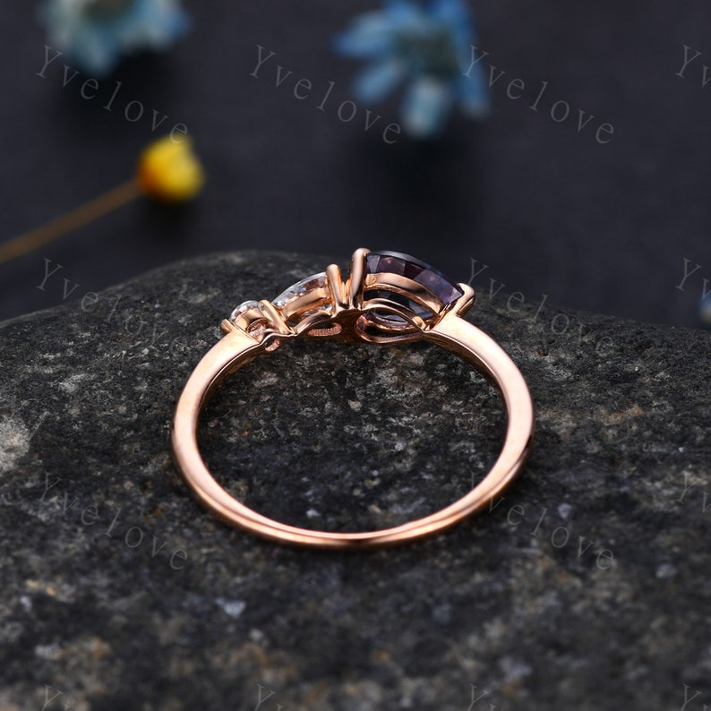 Vintage Red Ruby Ring Engagement Ring,Pear Cut Gems,Art Deco Moissanite Wedding Band,3 Stone Unique Women Bridal Promise Ring,Rose gold image 5