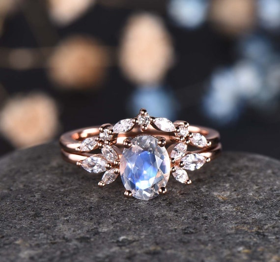 Moonstone Ring Set Women Engagement Ring Diamond/moissanite - Etsy