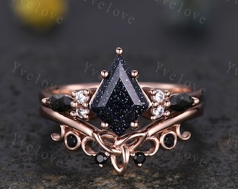 Vintage Kite Cut Sandstone Engagement Ring Set,Unique Bridal Ring,Marquise Black Rutilated Quartz,White Gold Galaxy Black Anniversary Ring