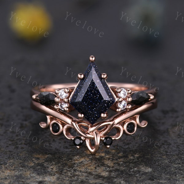 Vintage Kite Cut Sandstone Engagement Ring Set,Unique Bridal Ring,Marquise Black Rutilated Quartz,White Gold Galaxy Black Anniversary Ring