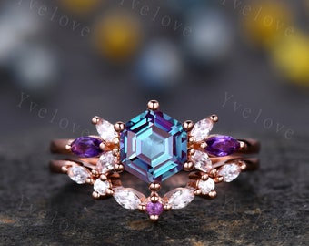 Vintage Hexagon Cut Alexandrite Engagement Ring Rose Gold Women Moissanite Amethyst Gem Matching Band Promise Bridal Stacking Ring Set Gift