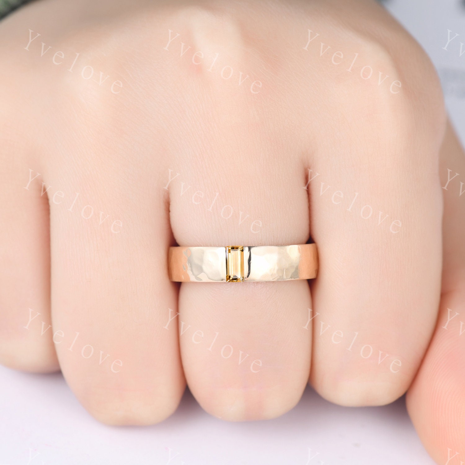 Mens Citrine Wedding Band Baguette Cut Yellow Citrine Band 5mm