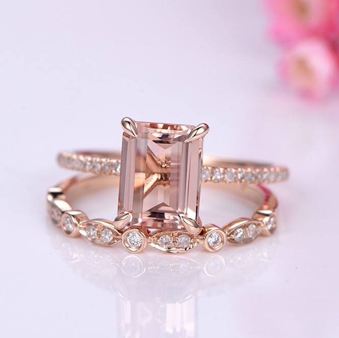 Morganite Ring Set Emerald Cut Morganite Engagement Ring Half - Etsy