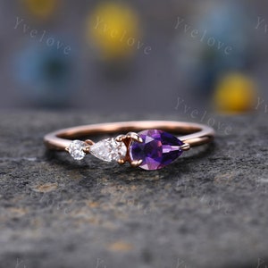 Vintage Red Ruby Ring Engagement Ring,Pear Cut Gems,Art Deco Moissanite Wedding Band,3 Stone Unique Women Bridal Promise Ring,Rose gold image 7